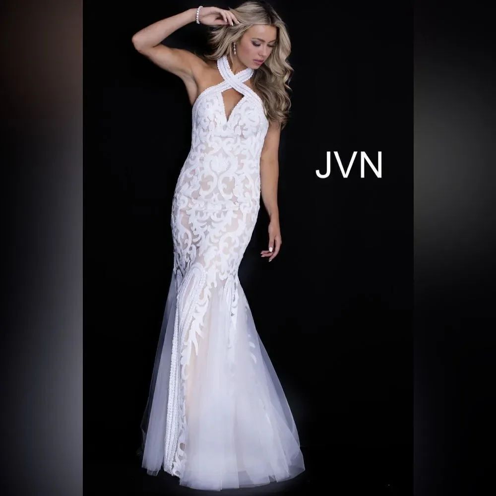 Jovani Embellished Mermaid Criss Cross Halter Neck Dress size 12 NWT